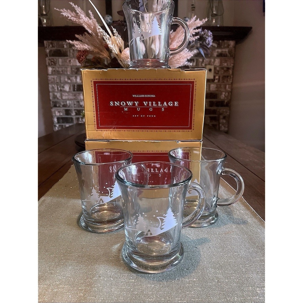 Set of 8 William-Sonoma Snowy Village Mugs Heavy 2005 NIB